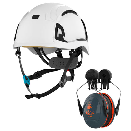 JSP EVO Alta Skyworker With JSP Sonis Ear Defenders Hard Hat Kit | White