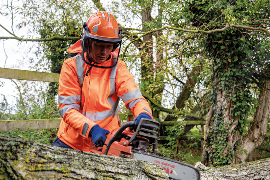 Forestry Worker Wearing A EvoGuard Forestry Mesh Visor M1