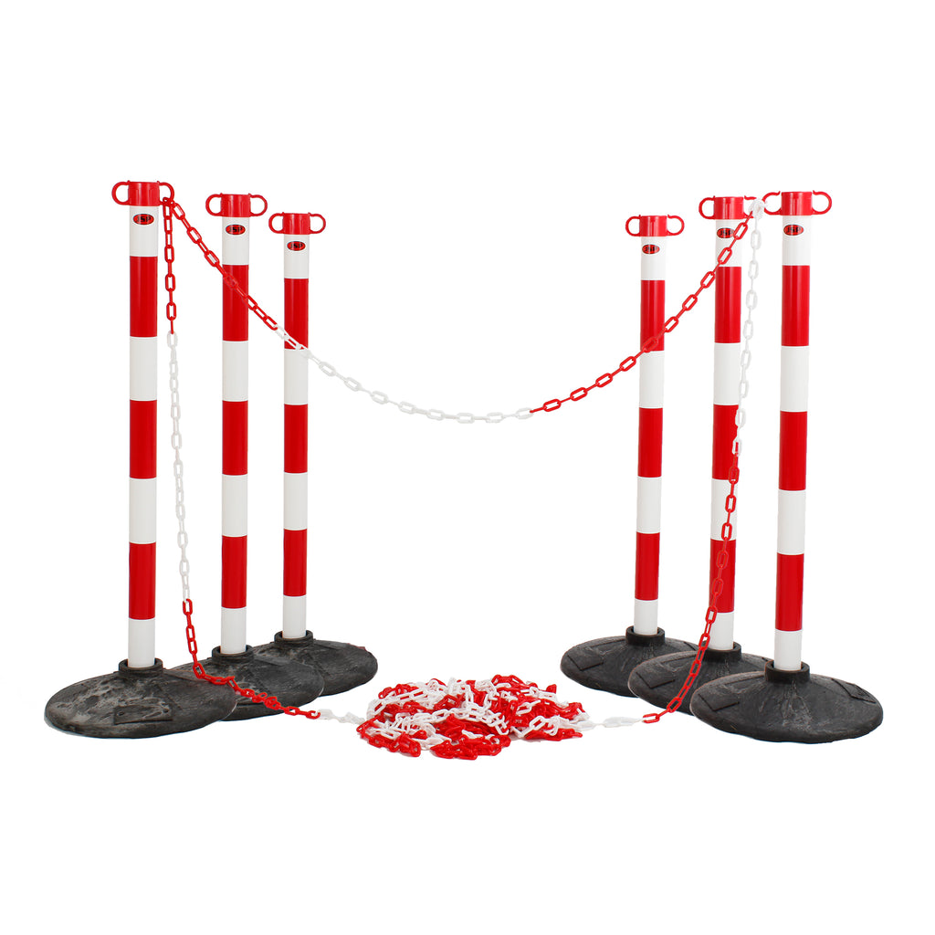 JSP Post And Chain Barrier Kit - Multiple Colours (Red & White / 6 Post - 25m Chain)