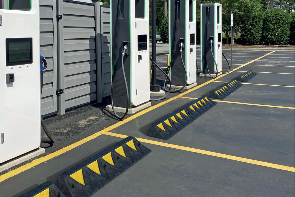 ridgeback wheel stopper installed to protect ev chargers