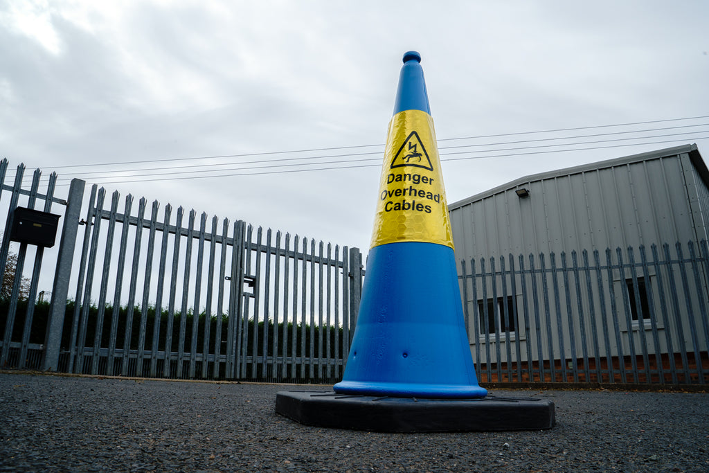 Blue Danger Overhead Cables Traffic Cone With Yellow Sleeve 1000mm