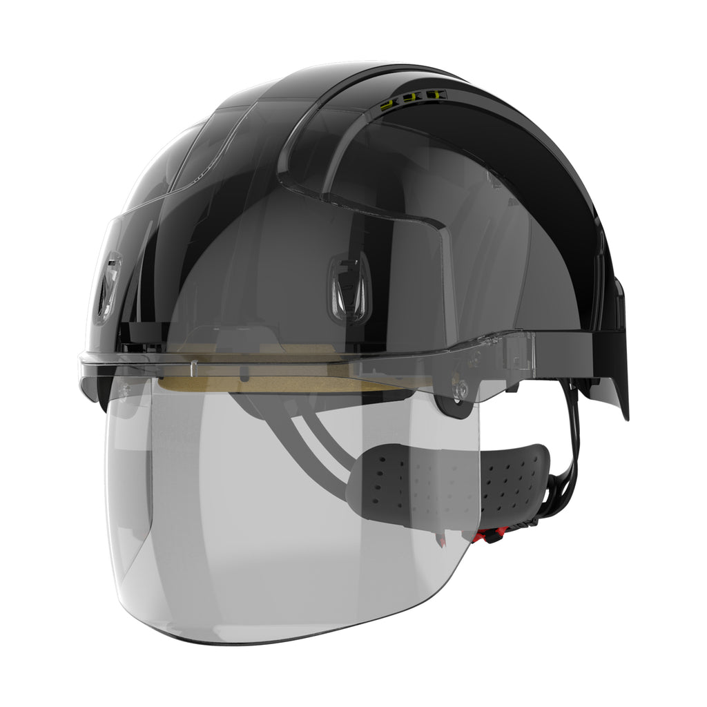 black safety helmet with face shield left front side picture