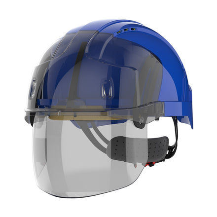blue safety helmet with face shield left front picture