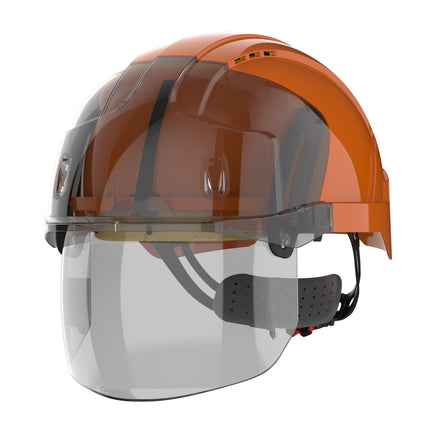 orange safety helmet with face shield left front side picture