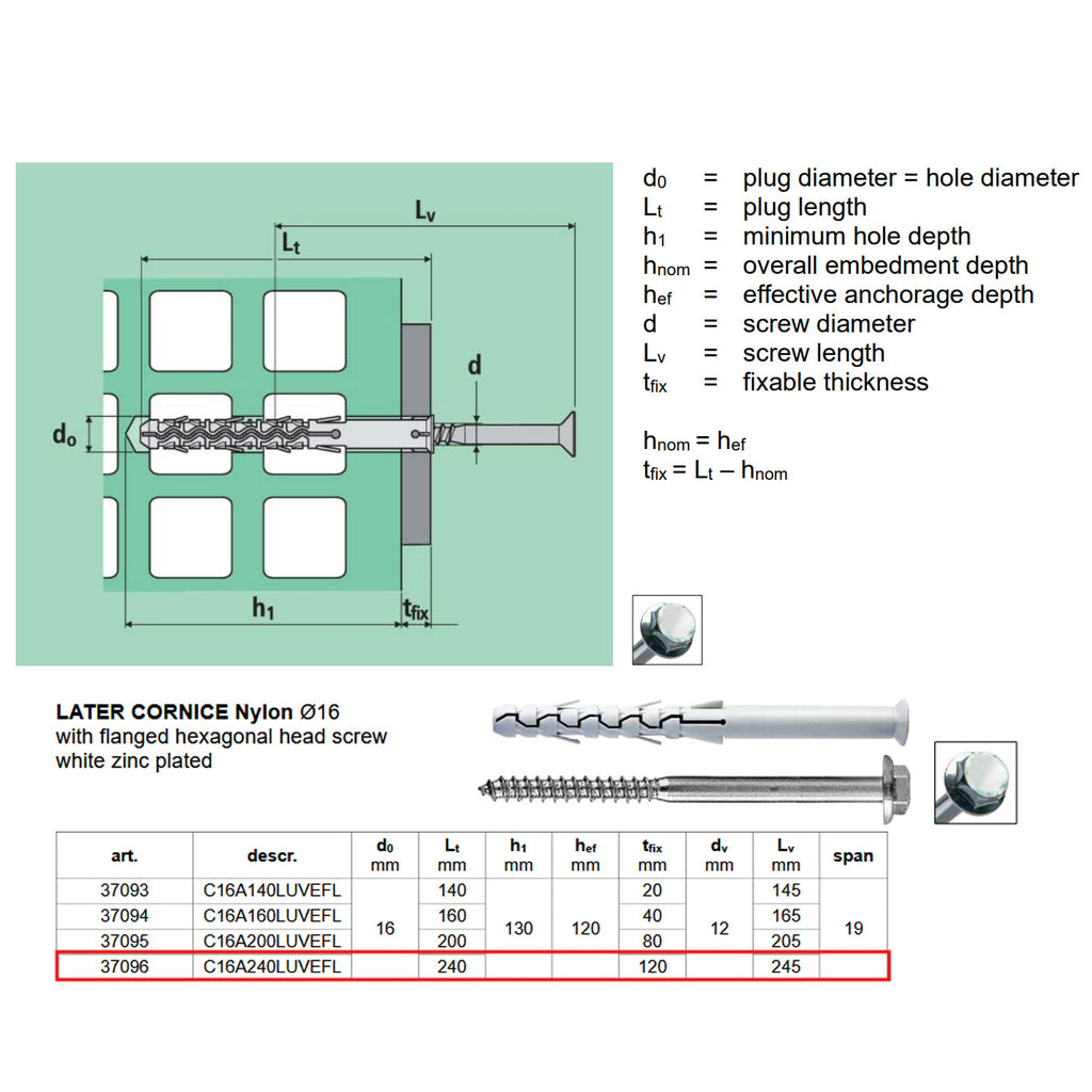 16mm x 240mm Nylon Frame Fixing With Flanged Head (10 Pack)
