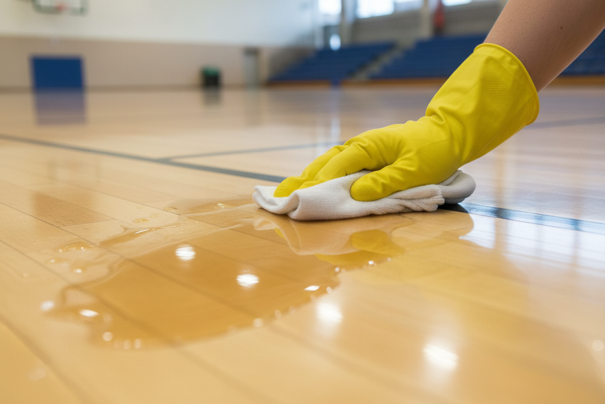 latex glove on hand, wiping up apple juice from sports hall floor close up