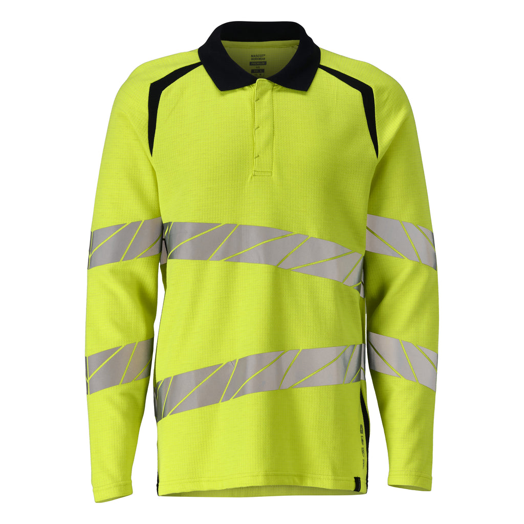 Mascot 21383 327 17010 Polo Shirt Long Sleeved Hi Vis Yellow Dark Navy Front