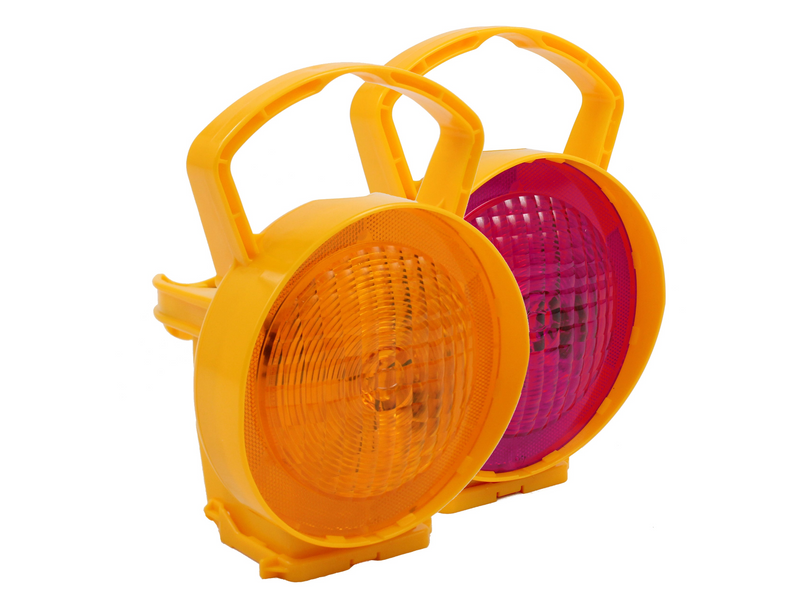 Two cone lamps with amber and red bulbs
