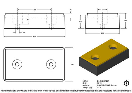 Yellow Rectangular Polyethylene Dock Bumper (Black Rubber Frame) - 450 x 250 x 115