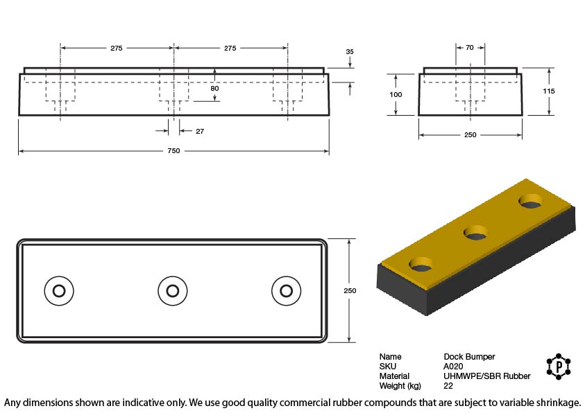 Yellow Rectangular Polyethylene Dock Bumper (Black Rubber Frame) - 750 x 250 x 115