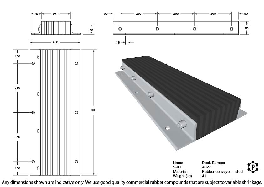 Black Rubber Dock Bumper With Steel Frame - 900 x 400 x 105