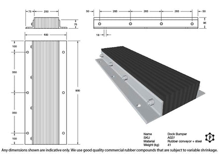 Black Rubber Dock Bumper With Steel Frame - 900 x 400 x 105