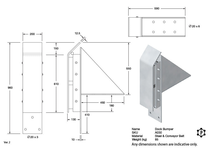 Heavy-Duty Steel & Rubber Dock Bumper - 960 x 590 x 200