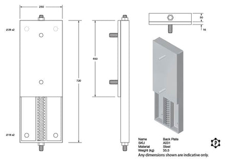 Spring-Loaded Sliding Dock Bumper Back Plate - 720 x 250 x 66