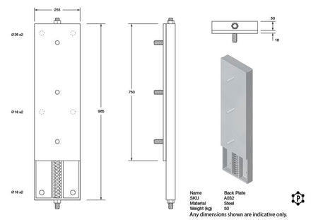 Spring-Loaded Sliding Dock Bumper Back Plate - 965 x 255 x 66