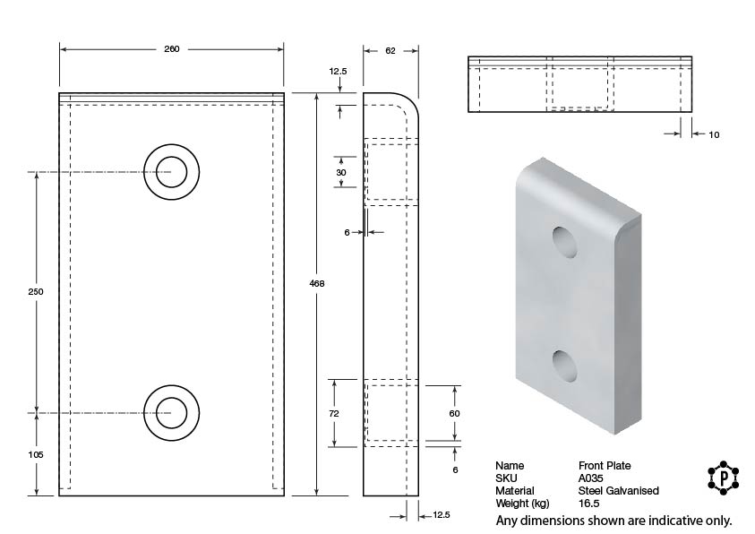 Steel Rectangular Dock Bumper Front Plate - 460 x 255 x 65