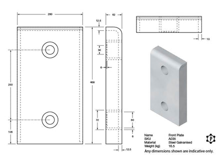 Steel Rectangular Dock Bumper Front Plate - 460 x 255 x 65