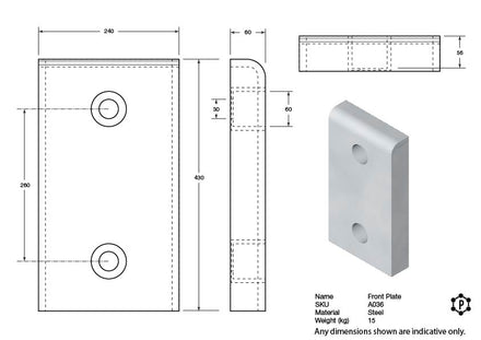 Steel Rectangular Dock Bumper Front Plate - 440 x 255 x 65