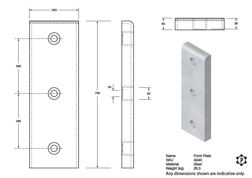 Steel Rectangular Dock Bumper Front Plate - 760 x 260 x 60