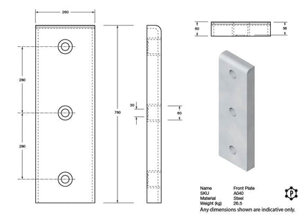 Steel Rectangular Dock Bumper Front Plate - 760 x 260 x 60