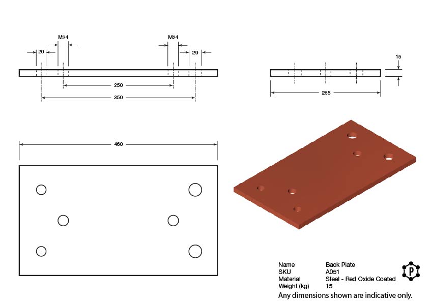 Non-Galvanised Flat Dock Bumper Back Plate - 450 x 255 x 15 - Brown