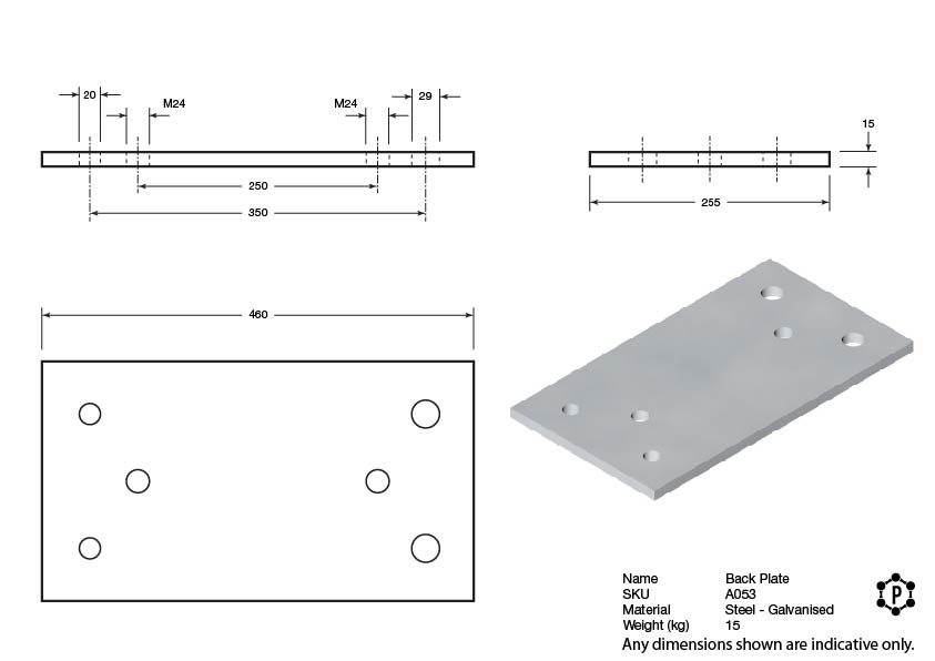 Steel Flat Dock Bumper Back Plate - 450 x 255 x 15 - Galvanised