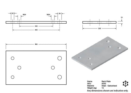 Steel Flat Dock Bumper Back Plate - 450 x 255 x 15 - Galvanised