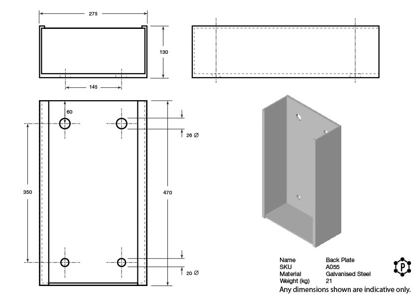 Channel Mount Steel Dock Bumper Mounting Bracket - 470 x 275 x 130 - Galvanised