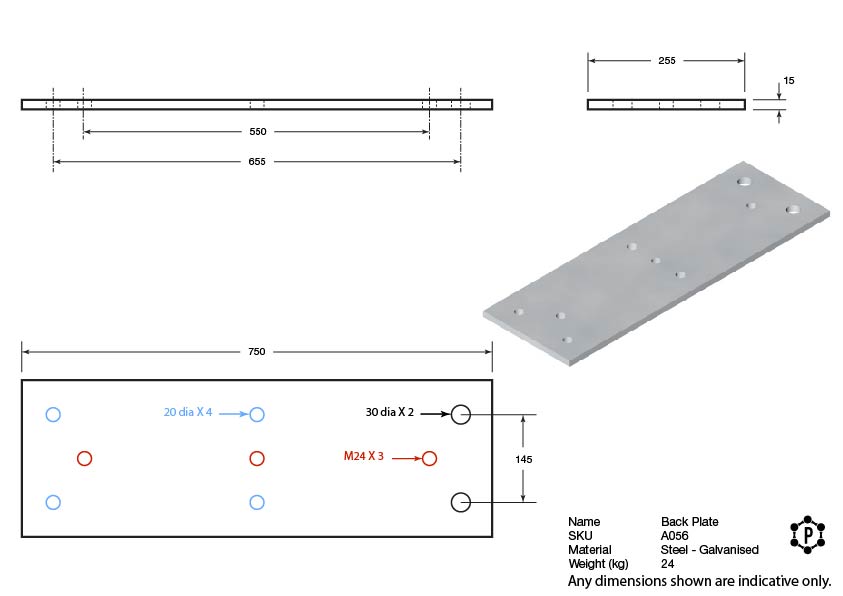 Steel Flat Dock Bumper Back Plate - 750 x 255 x 15 - Galvanised