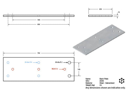 Steel Flat Dock Bumper Back Plate - 750 x 255 x 15 - Galvanised