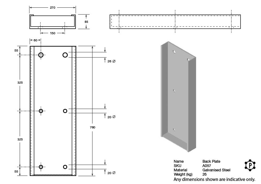 Channel Mount Steel Dock Bumper Mounting Bracket - 760 x 270 x 85 - Galvanised