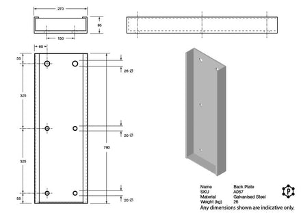 Channel Mount Steel Dock Bumper Mounting Bracket - 760 x 270 x 85 - Galvanised