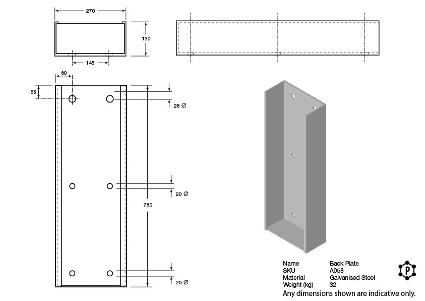Channel Mount Steel Dock Bumper Mounting Bracket - 760 x 270 x 130 - Galvanised