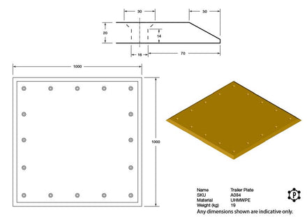 Yellow Polyethylene Trailer Plate - 1000 x 1000 x 20
