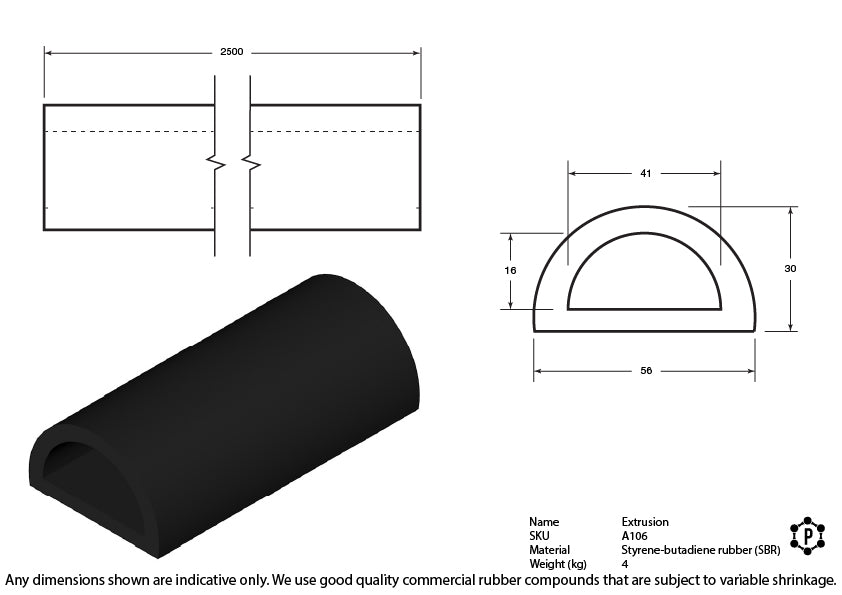 D-Shaped Rubber Bumper Extrusions - 50 x 30 x 2500