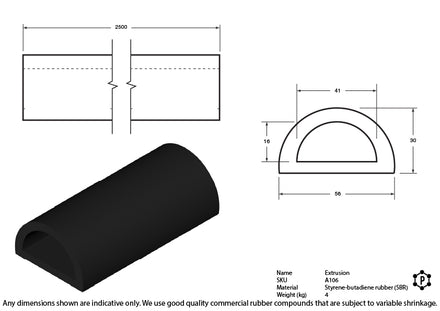 D-Shaped Rubber Bumper Extrusions - 50 x 30 x 2500
