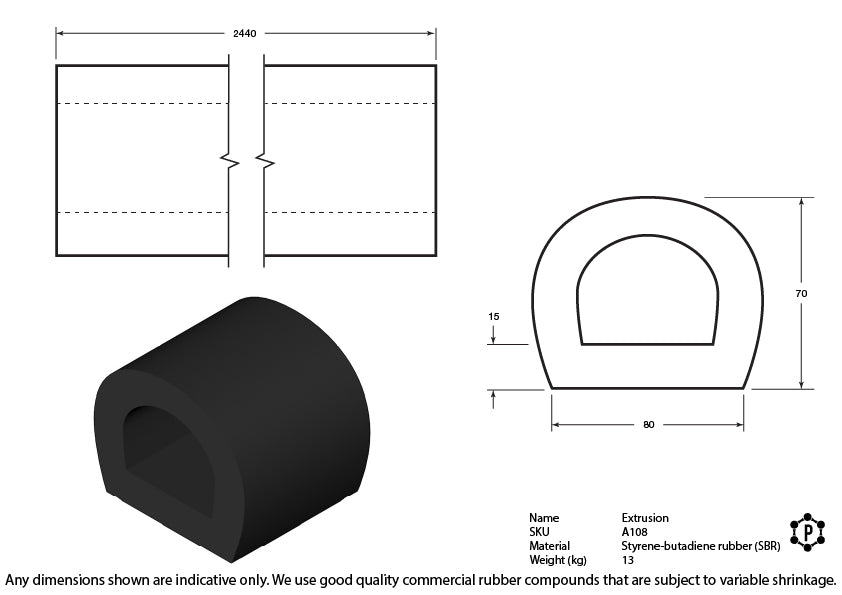 D-Shaped Rubber Bumper Extrusions - 70 x 70 x 2440