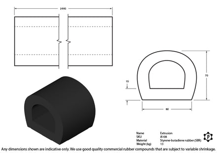 D-Shaped Rubber Bumper Extrusions - 70 x 70 x 2440