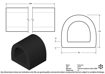 D-Shaped Rubber Bumper Extrusions - 100 x 98 x 2440