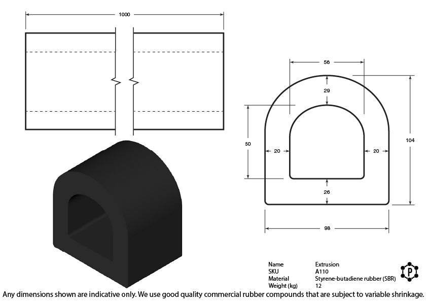 D-Shaped Rubber Bumper Extrusions - 96 x 104 x 1000