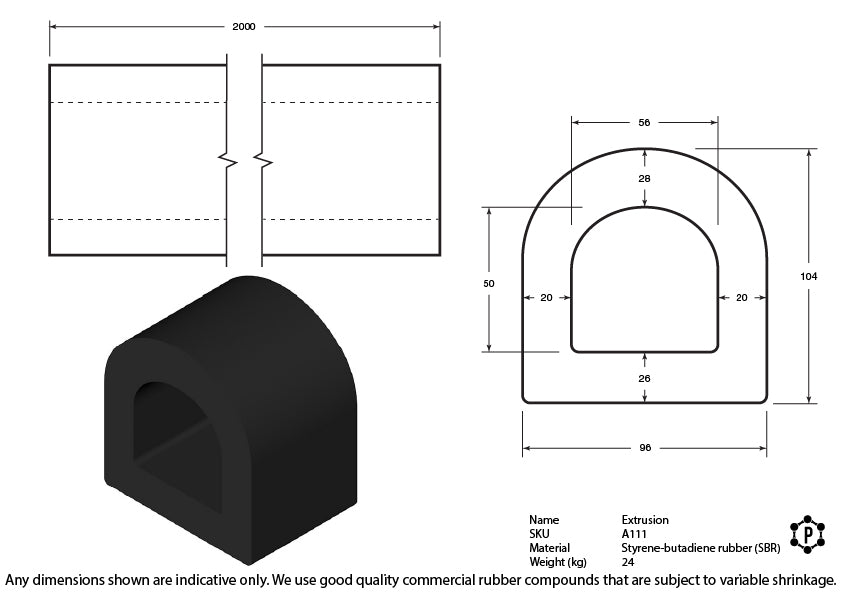 D-Shaped Rubber Bumper Extrusions - 96 x 104 x 2000