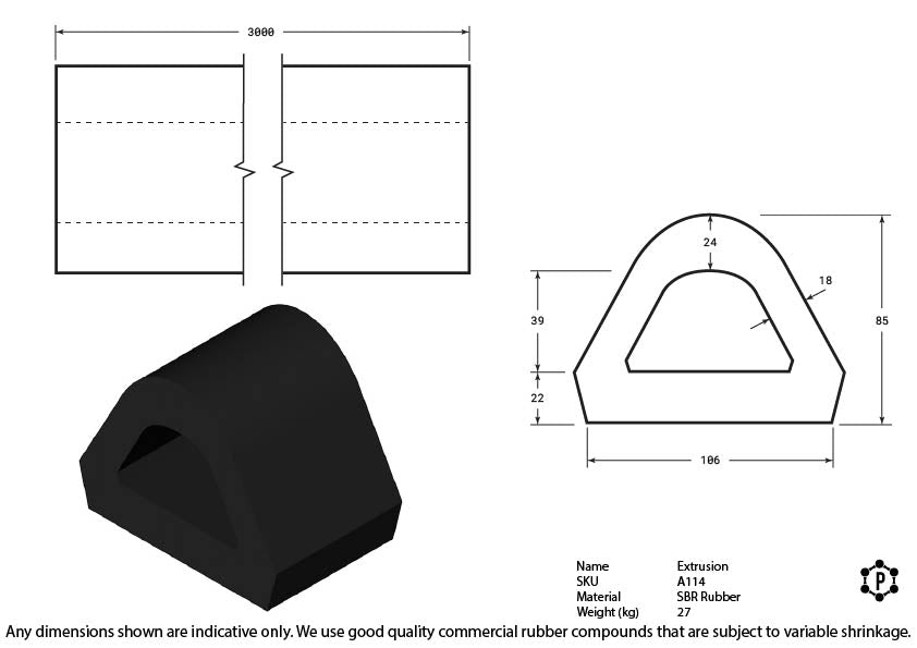 D-Shaped Rubber Bumper Extrusions - 95 x 82 x 3000