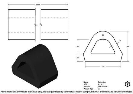 D-Shaped Rubber Bumper Extrusions - 95 x 82 x 3000