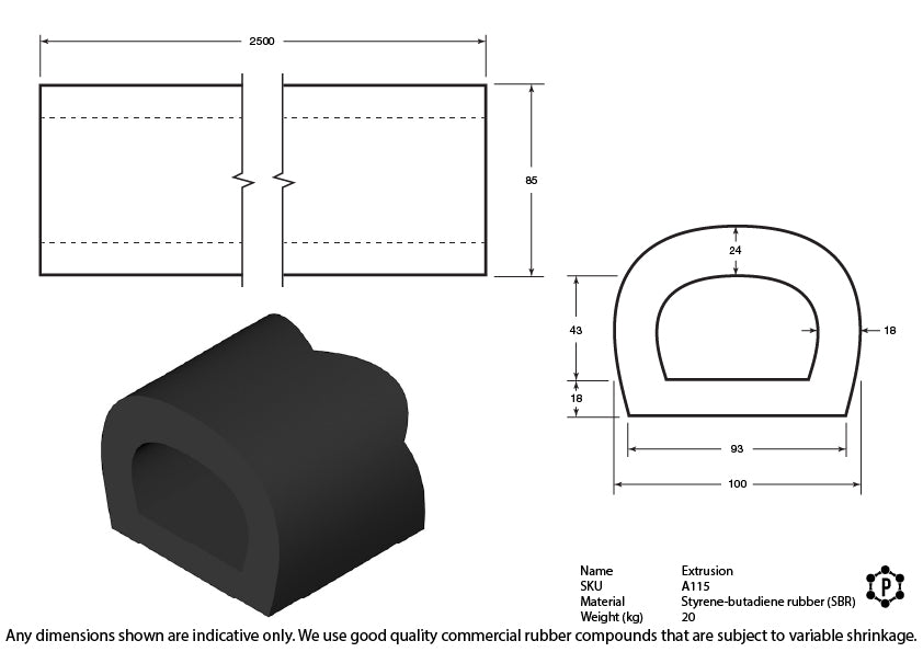 D-Shaped Rubber Bumper Extrusions - 100 x 85 x 2500