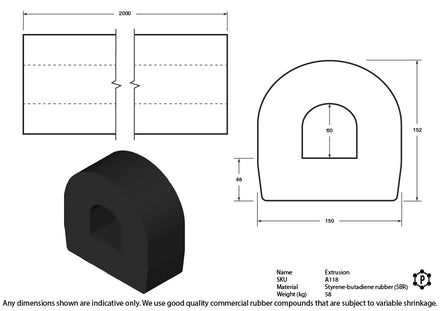 D-Shaped Rubber Bumper Extrusions - 150 x 150 x 2000