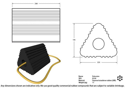 Rubber Aircraft Wheel Chock With Yellow Rope Handle - 225 x 195 x 250