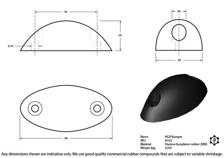 Black Rubber Oval Tail Gate HGV Bumper - 65 x 33 x 22mm