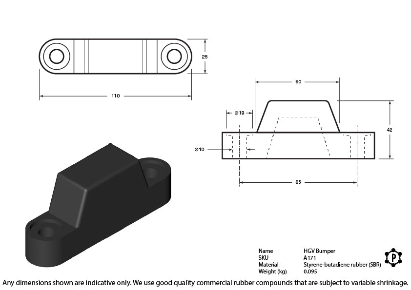Black Rubber General Purpose HGV Bumper - 110 x 25 x 42