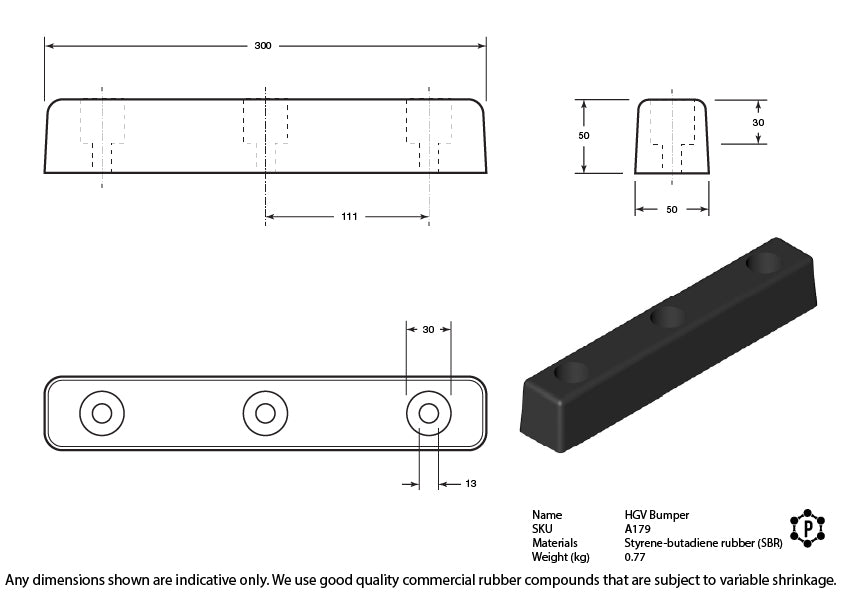 Rubber HGV Vehicle Mounted Dock Bumpers - 302 x 50 x 50mm