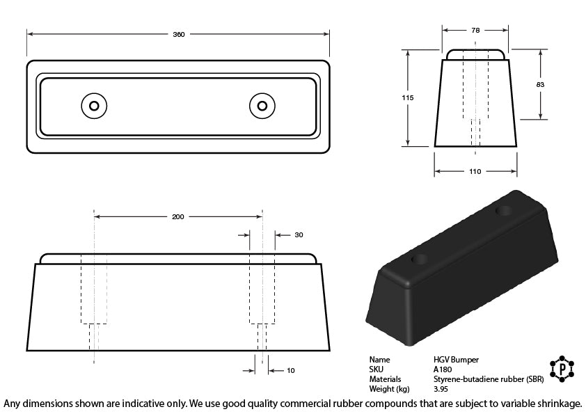 Rubber HGV Vehicle Mounted Dock Bumpers - 360 x 110 x 115mm